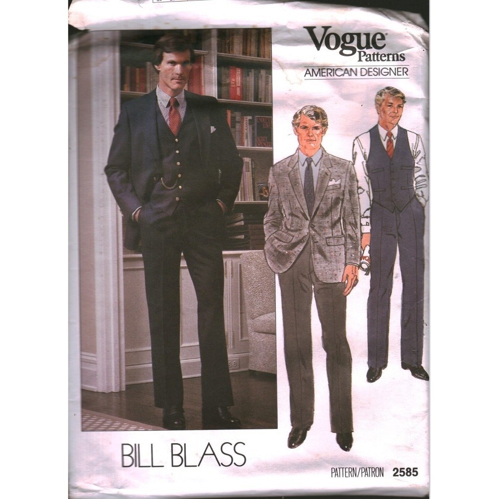 Vogue 2585 Bill Blass Mens Suit Sewing Pattern Jacket Vest Pants Size 42 Vintage